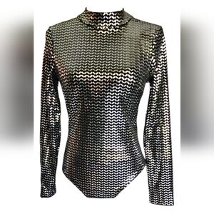 Vintage Charlotte Russe Black Silver Mirror Metallic Bodysuit Top Women's S